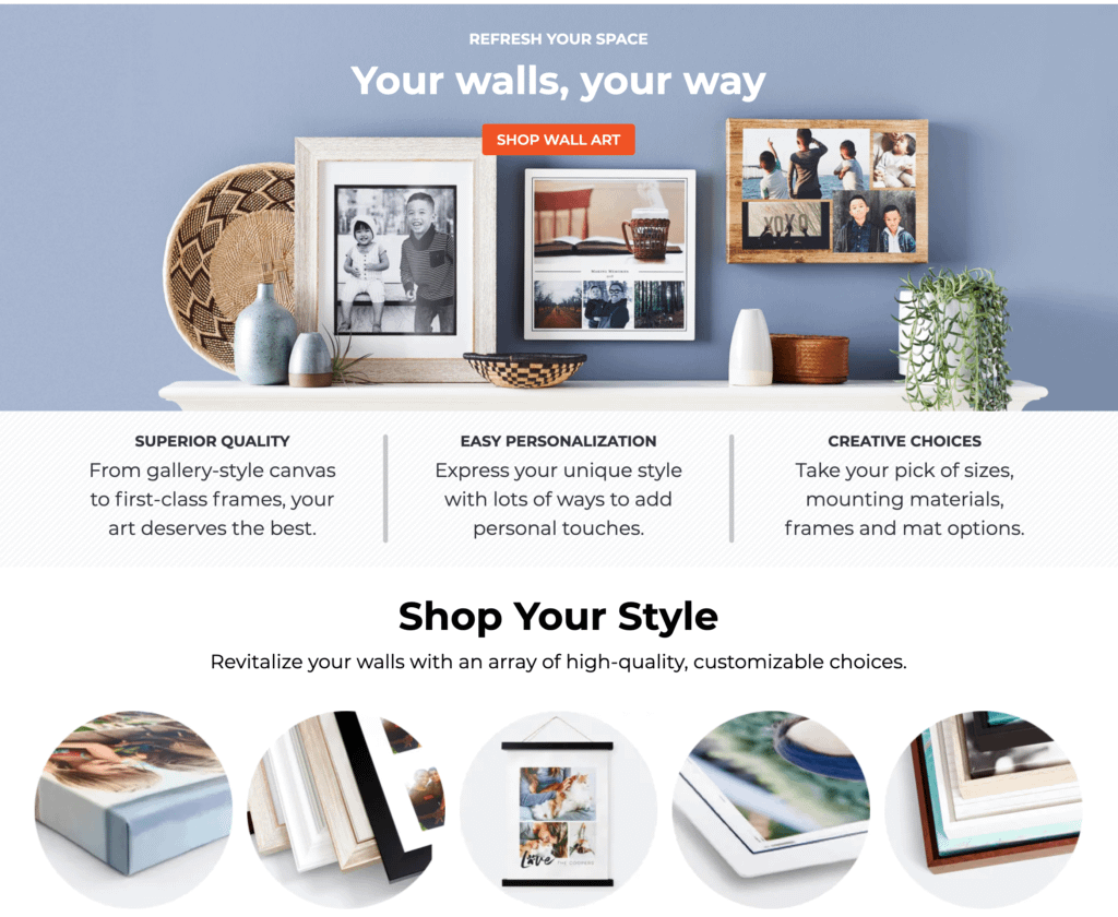 Shutterfly ranked number 6 in our test for the best printing service 2019. There are many Wall decor options at Shutterfly online service. The print quality varies and you can get discounts up to 50%.
